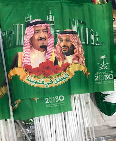 National day merchandise and decorations on sale in Jeddah. Mariam Nihal / The National