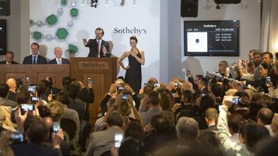 David Bennett oversees the sale of the Blue Moon of Josephine diamond at Sotheby's Geneva in November 2015. Courtesy Sotheby's