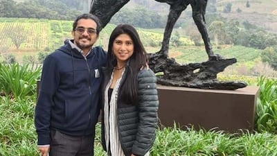 Anjali Menon and her husband Rajiv Menon from Dubai are all set for their second world cup experience after their trip to Russia in 2018. Photo: Anjali and Rajiv Menon