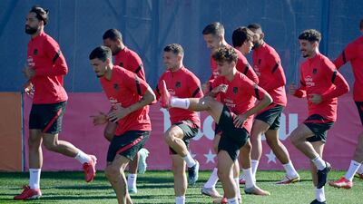Atletico Madrid's Antoine Griezmann, cnetre, training with teammates. AFP