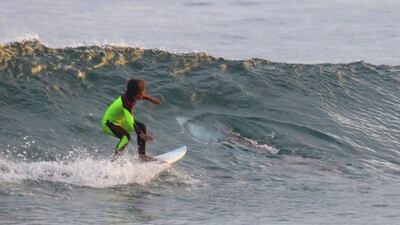 10-year-old Eden Hasson surfs near what is believed to be a great white shark at Samurai Beach, Port Stephens, Australia. James Cook University shark researcher Andrew Chin says the photographed shark is possibly a small great white. Chris Hasson / via AP