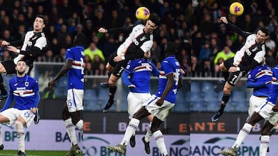 Ronaldo jumps above Sampdoria's Italian defender Nicola Murru to score his amazing header during the Italian Serie A match. AFP