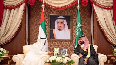Sheikh Mohammed bin Zayed, Abu Dhabi Crown Prince and Deputy Supreme Commander of the Armed Forces, met with Saudi Crown Prince Mohammed bin Salman during the Saudi-UAE Council in Jeddah, Saudi Arabia on June 6, 2018. Bandar Algaloud / Courtesy of Saudi Royal Court / Reuters