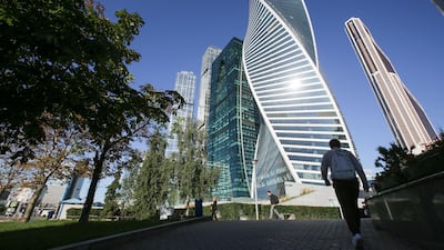 The weird, twisting forms of the Evolution Tower in Moscow.