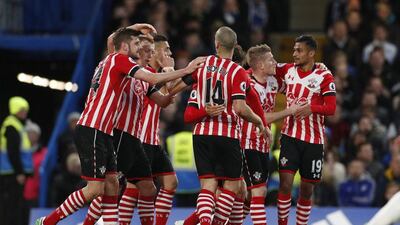Southampton players celebrate with Oriol Romeu after his equalising goal. John Sibley / Reuters