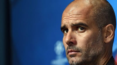 Manchester City's Pep Guardiola at a Monday press conference in Manchester. Paul Ellis / AFP