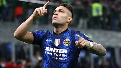 Lautaro Martinez celebrates after scoring the opening goal during Inter Milan's Coppa Italia semi-final second leg win over AC Milan at the San Siro on April 19, 2022. Inter won 3-0 on the night after the first leg had finished goalless. Getty