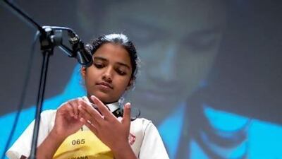 Liyana Kallooriyakath competes in the semi-finals of the first Dubai Spelling Bee Championship at the Jumeirah Beach Hotel's Meyana Auditorium.