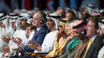 Sheikh Mohammed bin Rashid, Vice-President and Ruler of Dubai (centre right), Sheikh Mohammed bin Zayed, Crown Prince of Abu Dhabi and Deputy Supreme Commander of the UAE Armed Forces (C), and Igor Dodon, President of Moldova (centre left), listen to the a speech by Narendra Modi, Prime Minister of India (not shown), during the World Government Summit. Ryan Carter / Crown Prince Court - Abu Dhabi