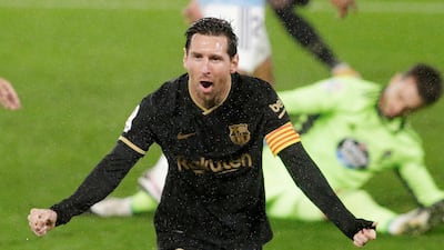Barcelona’s Lionel Messi celebrates after his shot was deflected in for Barca's second goal against Celta Vigo. Reuters