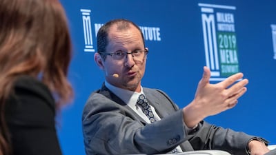 Jeff Maggioncalda, Coursera’s chief executive, talks with Mina Al-Oraibi, editor in chief of The National, during the Milken Institute’s Mena Summit in Abu Dhabi. Antonie Robertson/The National