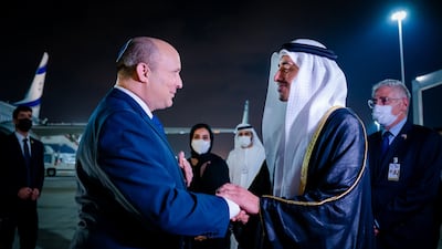 Israeli Prime Minister Naftali Bennett is welcomed to Abu Dhabi by Sheikh Abdullah bin Zayed, UAE Minister of Foreign Affairs and International Co-operation. Wam