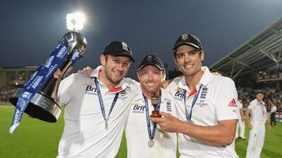 Ian Bell, centre, was man of the series for scoring three centuries. Gareth Copley / Getty Images