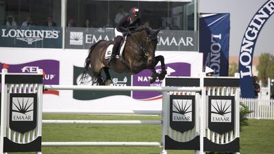 Sheikha Latifa, pictured in February 2015during the UAE Showjumping Cup, believes Abdullah Al Marri has "got the best chance out of the Emirati riders” to qualify for the FEI World Equestrian Games. Courtesy Shamela Hanley