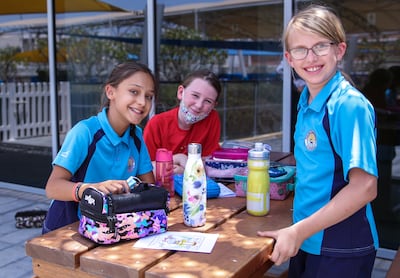 Pupils enjoy their lunch break at British School Al Khubairat in Abu Dhabi. Victor Besa / The National