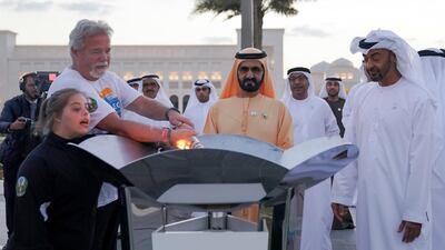 They then jointly lit a Special Olympics cauldron at the palace using the Torch of Hope, which is being carried around the UAE.