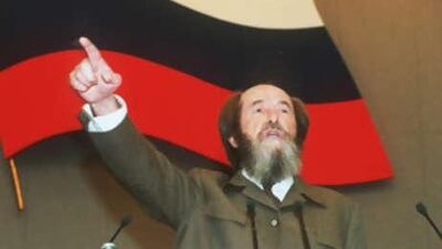 Alexander Solzhenitsyn speaking in the Duma, the Russian parliament's lower chamber in Moscow, in 1994.