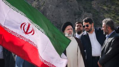 Iranian President Ebrahim Raisi at the site of Qiz Qalasi, the third dam jointly built by Iran and Azerbaijan on the Aras River, before its inauguration ceremony. AFP