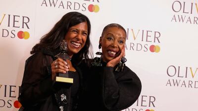 Lolita Chakrabarti and Noma Dumezweni with the Best New Play award for "Life of Pi". Reuters