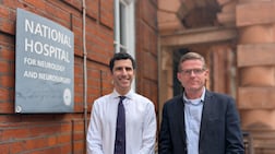 Surgeon Hani Marcus and patient Rhys Hibbert as UCL reveals successful AI-assisted brain tumour surgery in London. Photo: University College London Hospital