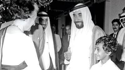 Sheikh Zayed greets Indira Gandhi, the prime minister of India, on May 10, 1981, while a young Sheikh Abdullah bin Zayed – today the UAE Minister of Foreign Affairs – shakes her hand. EPA / Wam