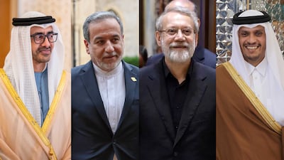 From left: Sheikh Abdullah bin Zayed, UAE Deputy Prime Minister and Minister of Foreign Affairs, Iranian Foreign Minister Abbas Araghchi, Iran's Supreme National Security Council Secretary Ali Larijani and Qatar's Prime Minister Sheikh Mohammed bin Abdulrahman