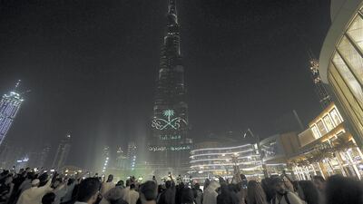 Burj Khalifa lights up in the colours of Saudi flag to celebrate Saudi National Day in Dubai. Satish Kumar for the National
