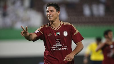 Sebastian Tagliabue of Al Wahda scores the final goal of the match and celebrates. Al Wahda VS Dibba football match. Second half, with Al Wahda winning 3-1. Abu Dhabi, United Arab Emirates. Mona Al Marzooqi/ The National