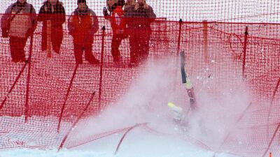 Aksel Lund Svindal of Norway crashes as he competes during the men’s downhill of FIS Ski World cup in Kitzbuehel, Austria. Joe Klamar / AFP