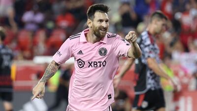 Lionel Messi celebrates after scoring Inter Miami's second goal in the 2-0 MLS win over New York Red Bulls. Getty