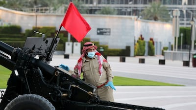 The cannon firing to mark the breaking of the fast at Maghrib sunset prayers at Burj Khalifa, Dubai. Chris Whiteoak / The National