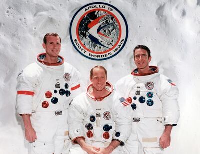The crew of the Apollo 15 lunar mission at the Manned Spacecraft Centre, Houston, Texas, 1971. From left to right: David R. Scott (mission commander), Alfred M. Worden (Command Module pilot) and James B. Irwin (Lunar Module pilot). Courtesy The Print Collector / Getty Images