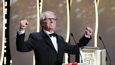 British director Ken Loach celebrates on stage after being awarded with the Palme d’Or for the film I, Daniel Blake during the closing ceremony of the 69th Cannes Film Festival. Valery Hache / AFP