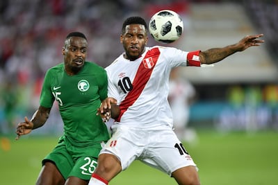 Peru forward Jefferson Farfan, right, during an international friendly against Saudi Arabia at Kybunpark Stadium in St Gallen. Fabrice Coffrini / AFP