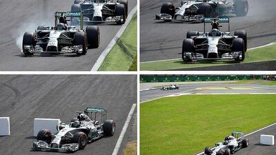 A combo of photos, from top left, show Mercedes' Lewis Hamilton taking the lead as teammate Nico Rosberg takes the escape road for the second time in Monza. Olivier Morin / AFP