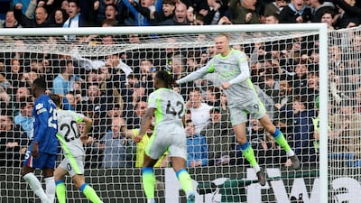 Manchester City's Erling Haaland celebrates the first goal scored by Nico O'Reilly during the match against Chelsea at Stamford Bridge. Reuters