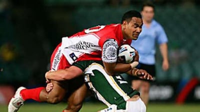 Tony Williams of Tonga is tackled during the 2008 Rugby League World Cup Pool 3 match between Tonga and Ireland at Parramatta Stadium.