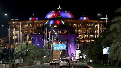 Emirates Palace is illuminated in the French national colours in tribute for the victims of the November 13 Paris attacks. Photo Al Ittihad
