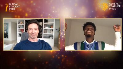 Hugh Jackman announces Jeremiah Thoronka as the winner of the Chegg.org Global Student Prize.