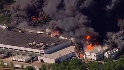 The fire after an explosion at the Chemtool factory in Illinois, US. WLS / SBC 7 Chicago