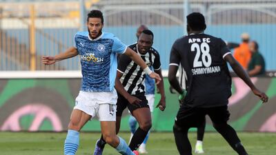 Pyramids winger Ramadan Sobhi, left, in action during a CAF Champions League qualifier against Armee Patriotique Rwandaise FC, in Cairo, Egypt, September 29, 2023. EPA