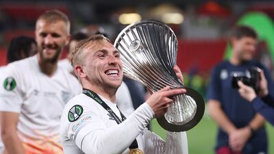 West Ham match-winner Jarrod Bowen lifts the Europa Conference League trophy. Getty