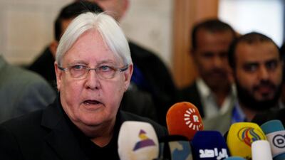 The UN envoy to Yemen Martin Griffiths speaks to reporters at Sanaa airport on March 24, 2018. He plans to unveil a peace plan for the country by mid-June . Khaled Abdullah / Reuters