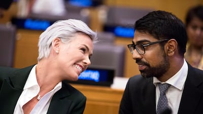 President of EAT Foundation Gunhild Stordalen (L) speaks with Director of Policy at EAT Sudhvir Singh (R) during the EAT Food System Dialogue event on a side of the General Assembly of the United Nations at United Nations Headquarters. EPA