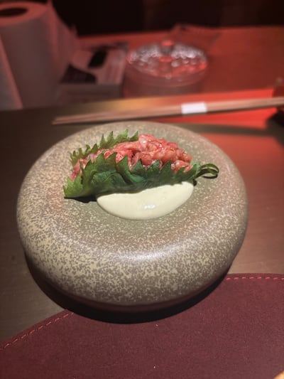 Wagyu shiso, layered with wasabi cream and black pepper sauce. Deepthi Nair / The National