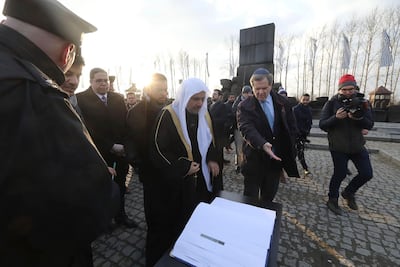 Muslim religious leaders are guided during a visit to the former Nazi death camp of Auschwitz, in what organisers called “the most senior Islamic leadership delegation" to visit. American Jewish Committee via AP
