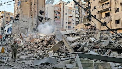 Rubble at the site of an Israeli strike on Beirut's southern suburb of Bir Al Abed, Lebanon. AFP
