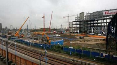 A general view of the site of Stratford City alongside the Olympic Park site. Olympics organizers are negotiating to ensure construction will not be hampered by strikes.
