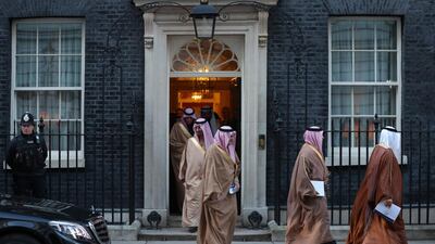 Members of Saudi Arabia's Crown Prince Mohammed bin Salman's delegation leave 10 Downing Street