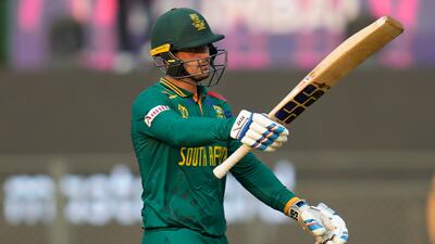 South Africa's Quinton De Kock celebrates reaching his 150. AP